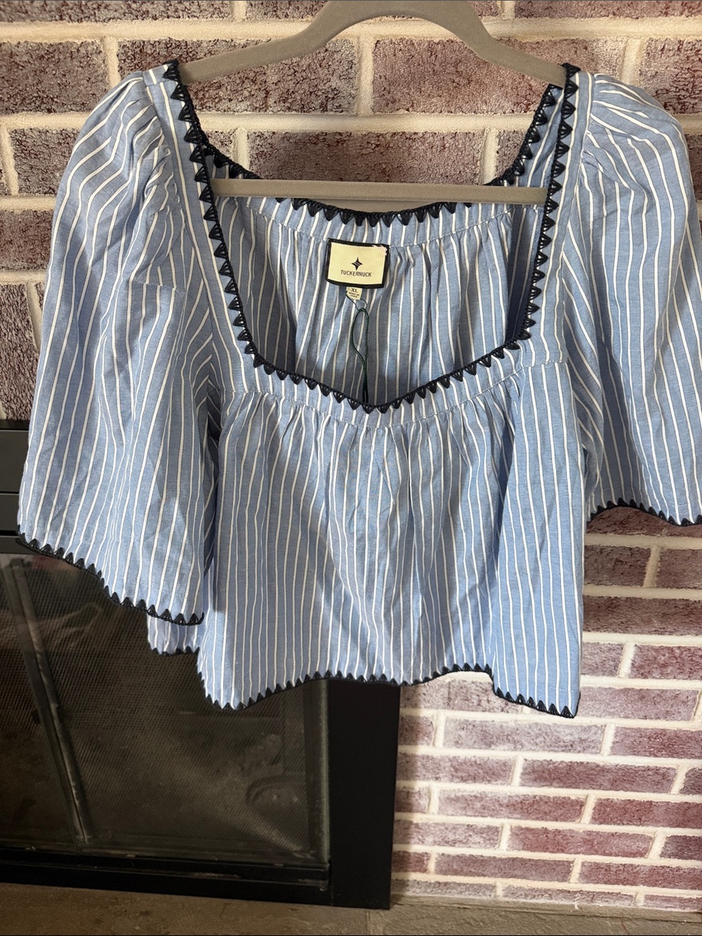 Tuckernuck Blue and White Striped Square Neck Crop Top with Black Trim